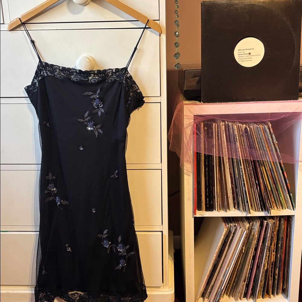 Vintage Betsy Johnson Evening 90s Black Slip Dress Y2K Mini Beaded Embellished 6